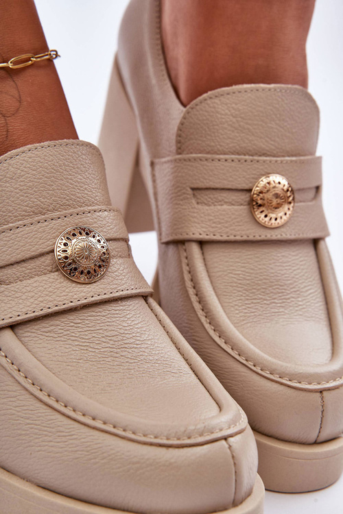 Skórzane Półbuty Damskie Na Słupku Beżowe Lemar Dunadia