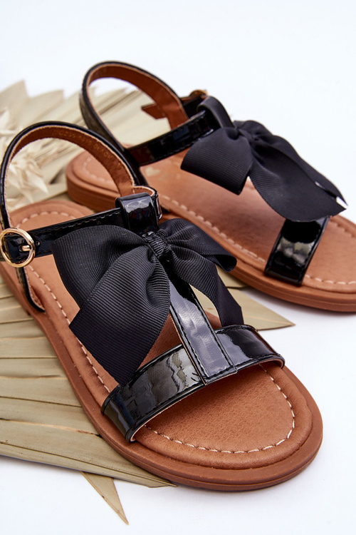 Dziecięce Lakierowane Sandałki Z Kokardą Czarne Netina