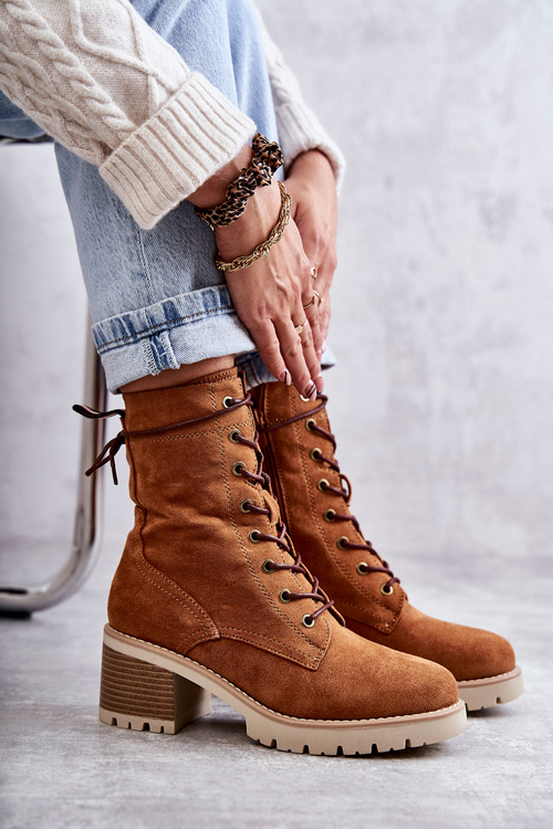 Damskie Ocieplane Botki Trapery Na Obcasie Camel Julieta