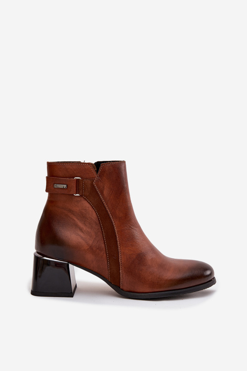 Skórzane Botki Damskie Na Obcasie Ocieplane Zazoo 60563 Brązowe