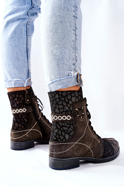 Botki Damskie Skórzane Ocieplane Maciejka Oliwkowe 03961-24