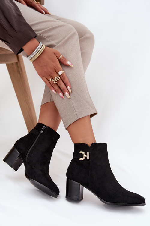 Ocieplane Botki Damskie Na Słupku Ze Złotym Detalem Czarne Renora