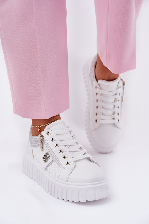 Buty Sportowe Damskie Na Platformie Z Eko Skóry Białe Velionna