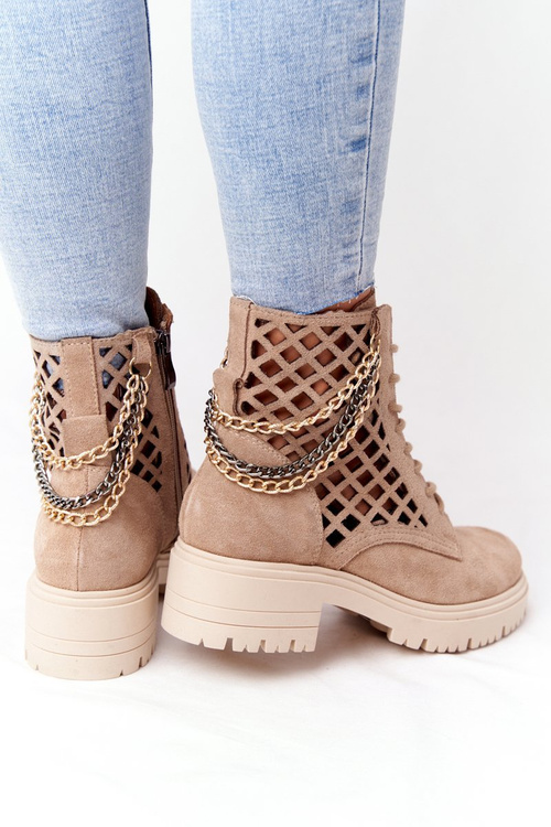 Ażurowe Botki Workery Lewski Shoes 3030-0 Piaskowe