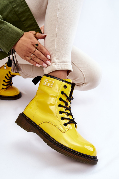 Damskie Lakierowane Botki Ocieplane GOE II2N4054 Żółte