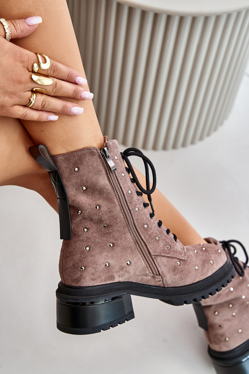 Zdobione Botki Workery Damskie Ocieplane D&A MR880-017 Taupe