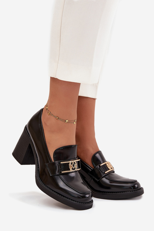 Półbuty Damskie Na Słupku Ze Złotym Detalem Czarne Privelle