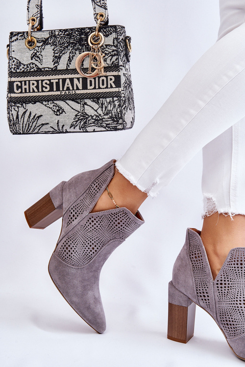 Ażurowe Zamszowe Botki Na Obcasie Szare Leanna