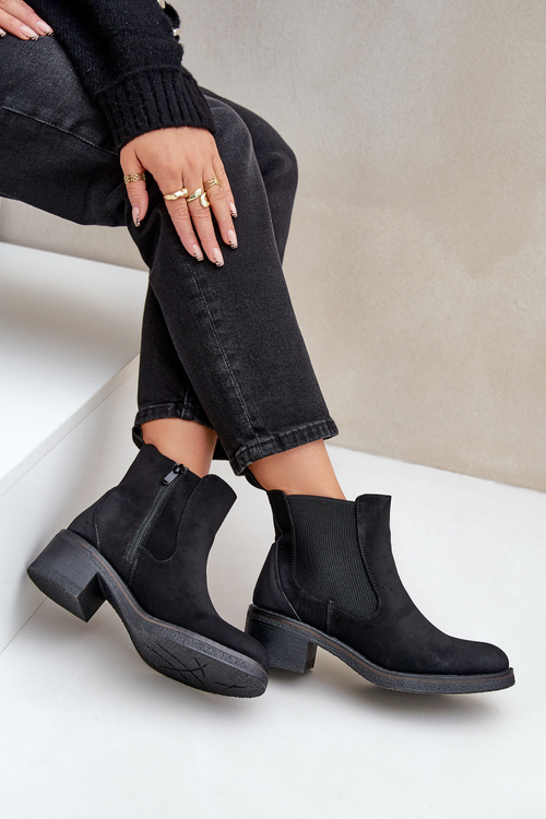 Botki Damskie Sztyblety Ocieplane Niski Obcas Zamek Czarne Savalindra