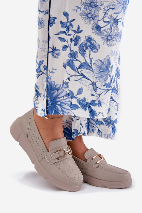 Mokasyny Damskie Skórzane Ze Złotym Detalem Vinceza 88007 Ciemnobeżowe