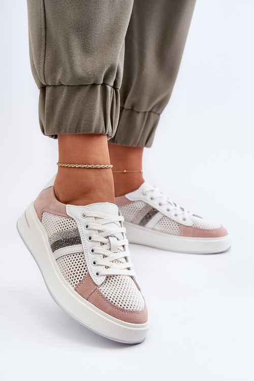 Sneakersy Skórzane Damskie D&A LR110 Biało-Różowe