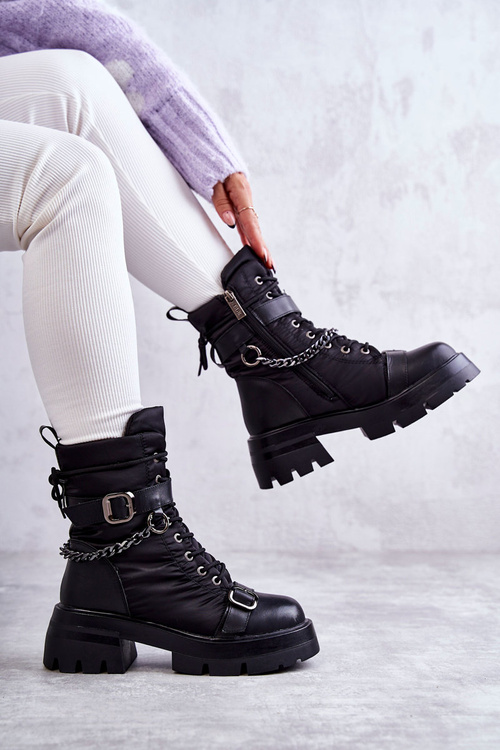 Damskie Botki Śniegowce Z Łańcuchem GOE KK2N4018 Czarne
