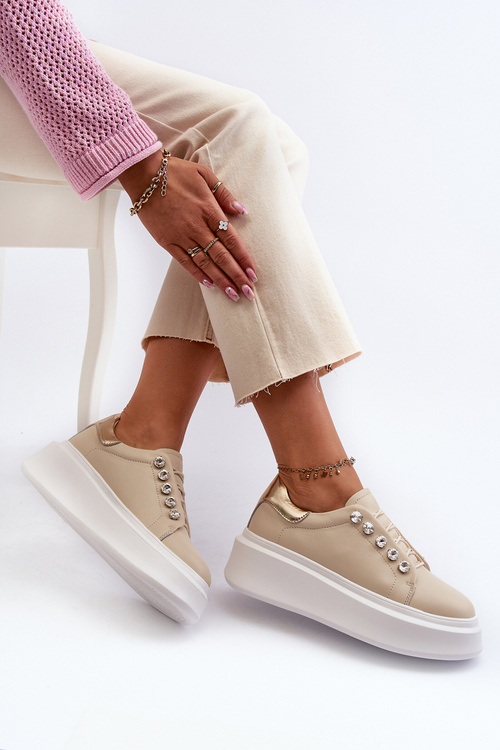 Skórzane Sneakersy Damskie Na Masywnej Platformie Beżowe S.Barski LR628