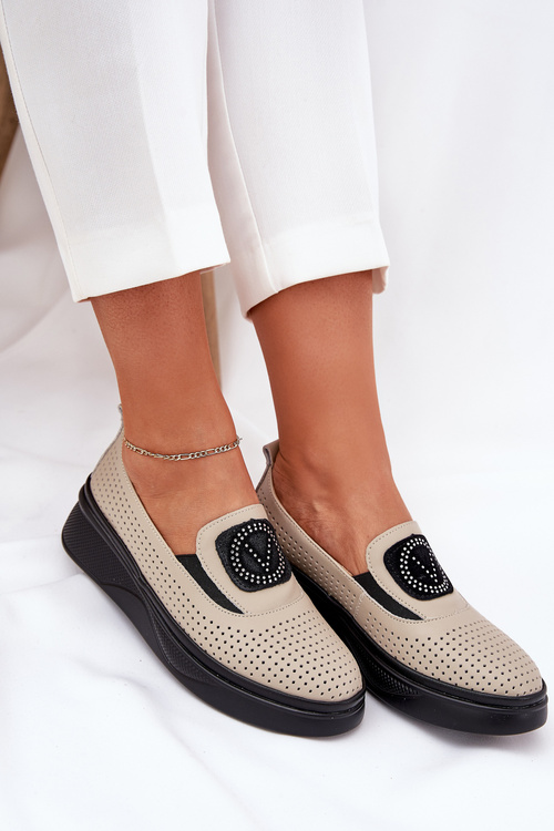 Mokasyny Damskie Skórzane Na Platformie I Koturnie Vinceza 79522 Beżowe