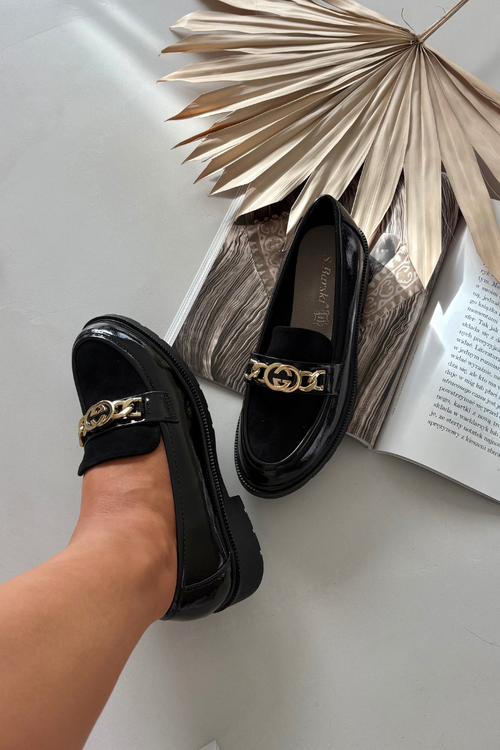 Lakierowane Mokasyny Damskie Ze Złotą Ozdobą S.Barski HY52-540 Czarne