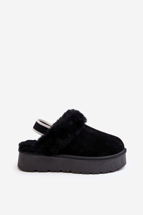 Skórzane Zamszowe Kapcie Damskie Na Platformie Z Futerkiem Czarne Sophienne