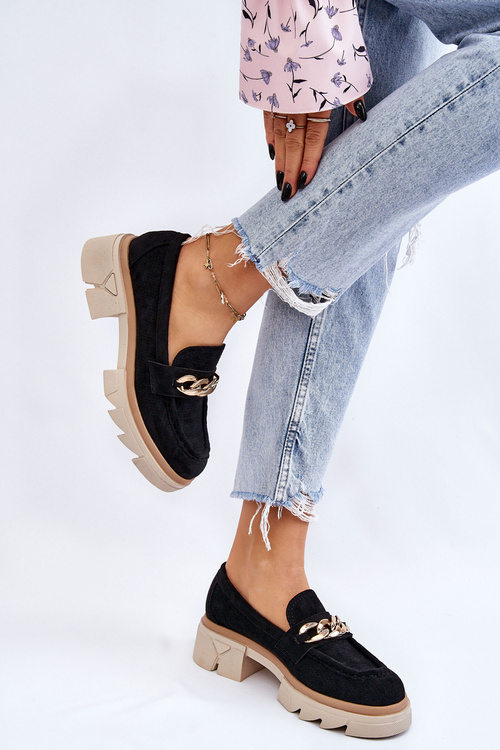 Damskie Półbuty Mokasyny Z Łańcuchem Czarne Luella