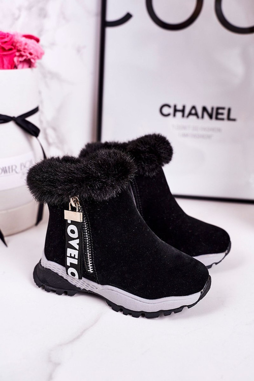 Dziecięce Ocieplane Botki Śniegowce Z Futerkiem Czarne Love-Love