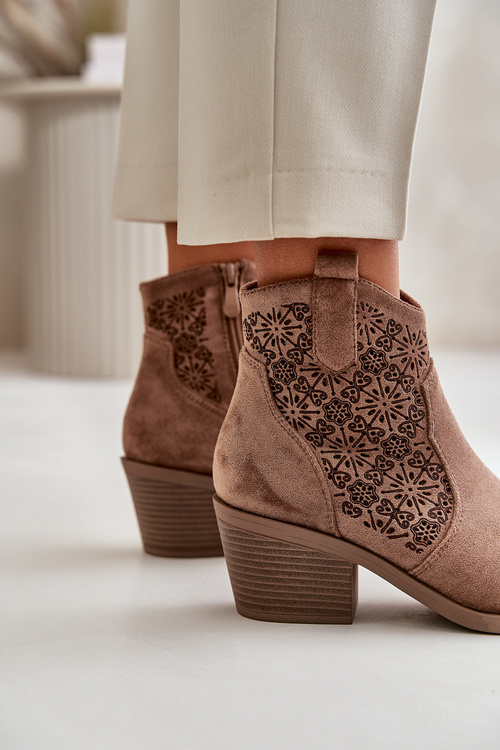 Ażurowe Botki Kowbojki Na Zamek Eko Zamszowe Brązowe S.Barski HY42-944