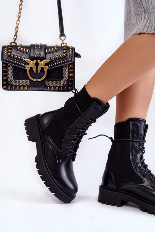 Skórzane Skarpetkowe Botki Sznurowane Czarne Riston