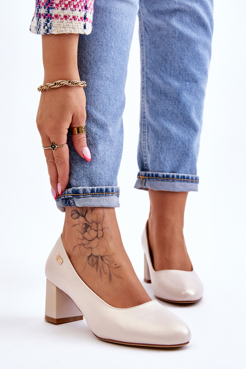 Skórzane Czółenka Na Słupku Sergio Leone PB178 Perła Beżowe