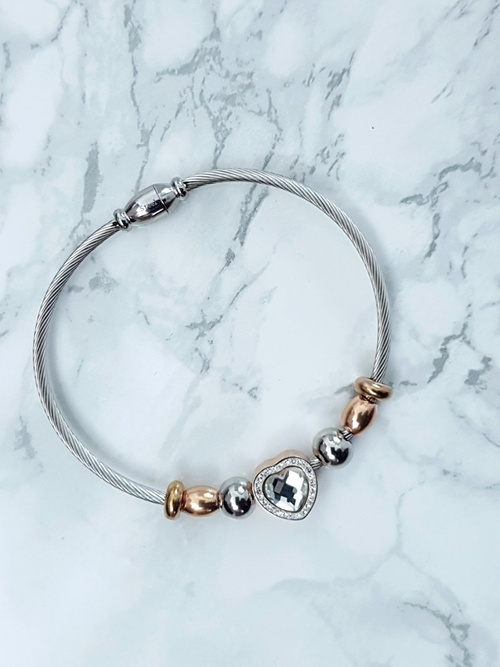 Damska Bransoleta Na Stalowej Lince Z Cyrkoniami Serce Isabella