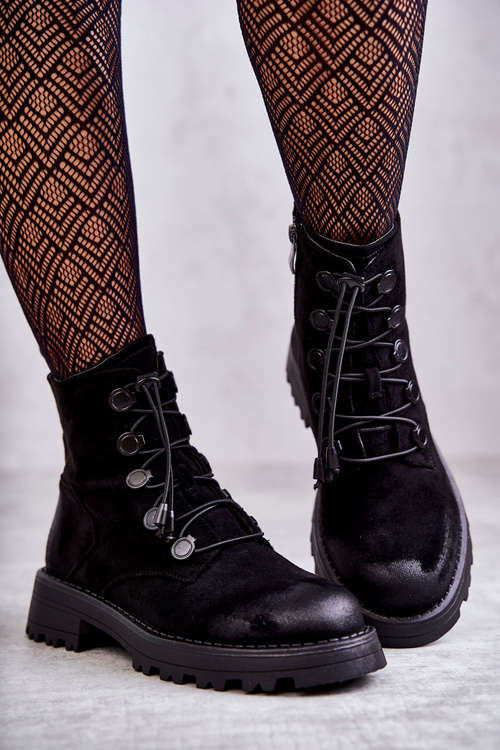 Damskie Zamszowe Ocieplane Botki Ze Ściągaczem Czarne Helia