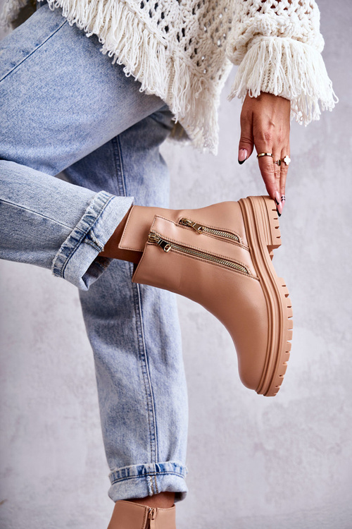 Damskie Skórzane Botki Na Suwak Beżowe Navarra