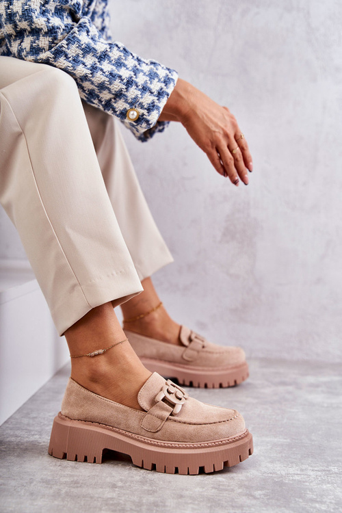 Damskie Półbuty Zamszowe Z Ozdobą Beżowe Leeza