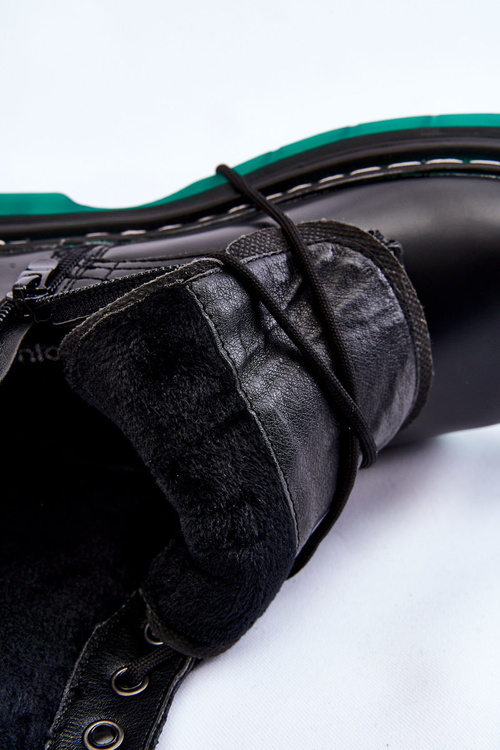 Damskie Botki Glany Sznurowane Z Zieloną Podeszwą Czarne Trinah