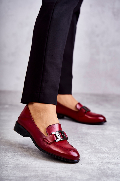 Modne Skórzane Półbuty Loafery Bordowe Trine
