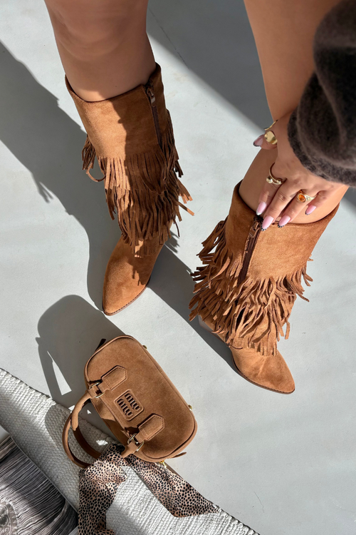 Ocieplane Kozaki Kowbojki Damskie Z Frędzlami Camel Brivina