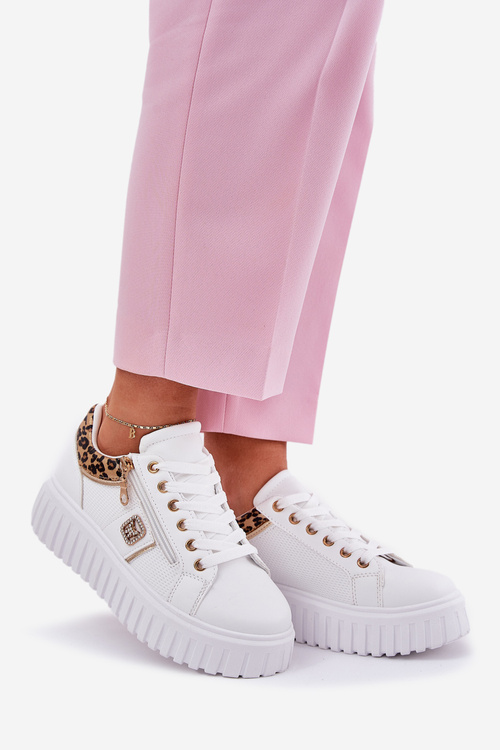 Buty Sportowe Damskie Na Platformie Z Eko Skóry Panterka Białe Velionna