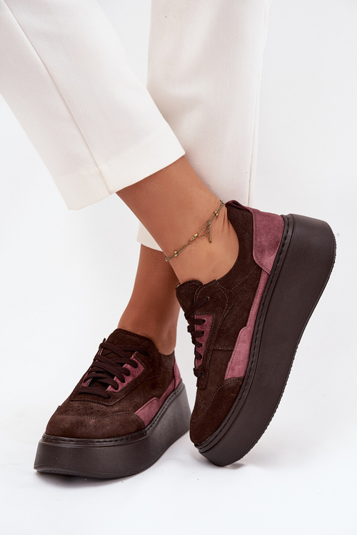 Sneakersy Damskie Z Naturalnego Zamszu Na Platformie Zazoo N1265S3 Czekoladowe