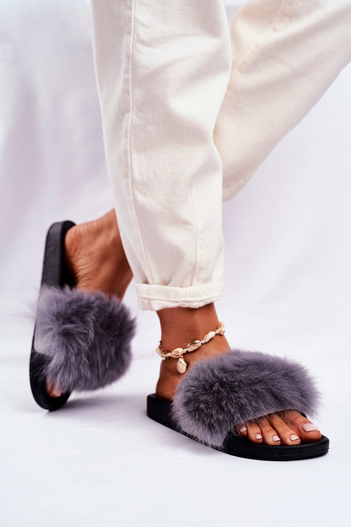 Damskie Klapki z Futerkiem Szare Belmondo