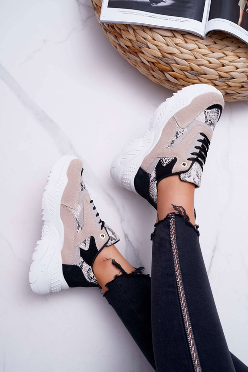 Sportowe Damskie Buty Gruba Podeszwa Beżowe Snake Miltru