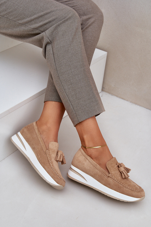 Mokasyny Na Delikatnym Koturnie Eko Zamszowe Beżowe Challavia