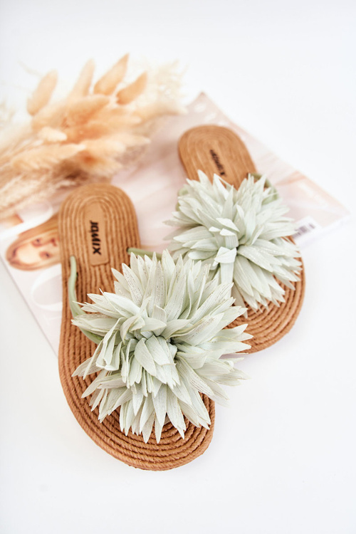 Damskie Klapki Japonki Z Materiałową Ozdobą Zielone Eviana