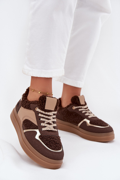 Sneakersy Damskie Na Platformie Z Futerkiem Typu Baranek Brązowe Frelina