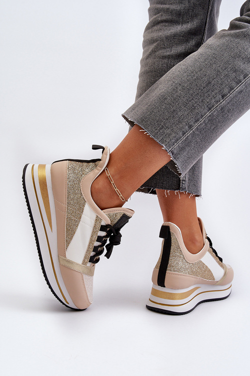 Damskie Sneakersy Na Koturnie I Platformie Z Brokatem Złote Rafani