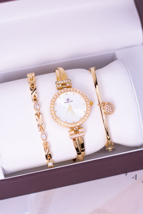Zestaw Michael John Złoty Damski Zegarek Z Cyrkoniami Dwie Bransolety