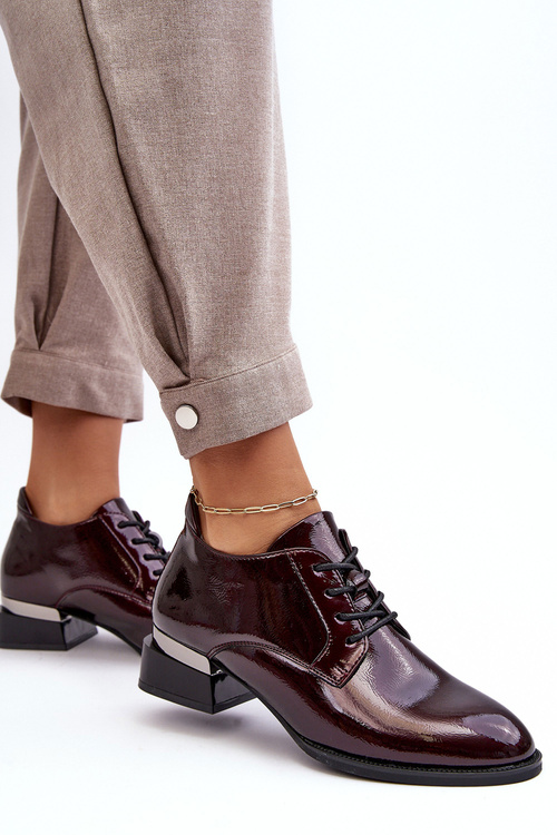 Lakierowane Półbuty Damskie Sznurowane Bordowe Banosa