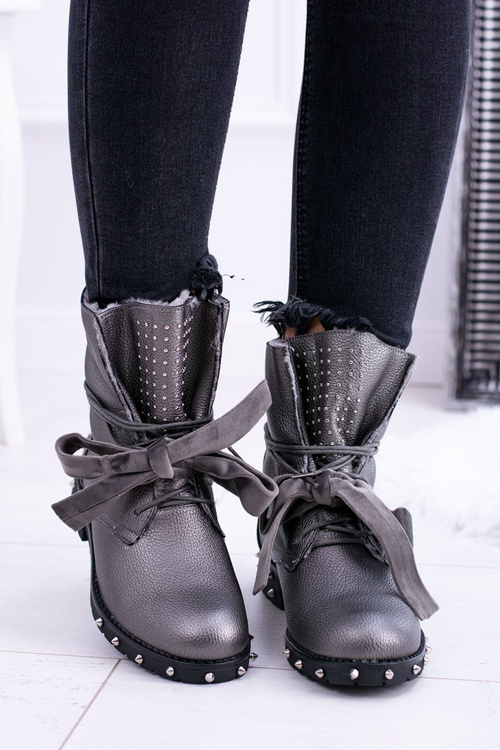 Damskie Botki Ocieplane Z Kolcami i Dżetami Srebrne Neso