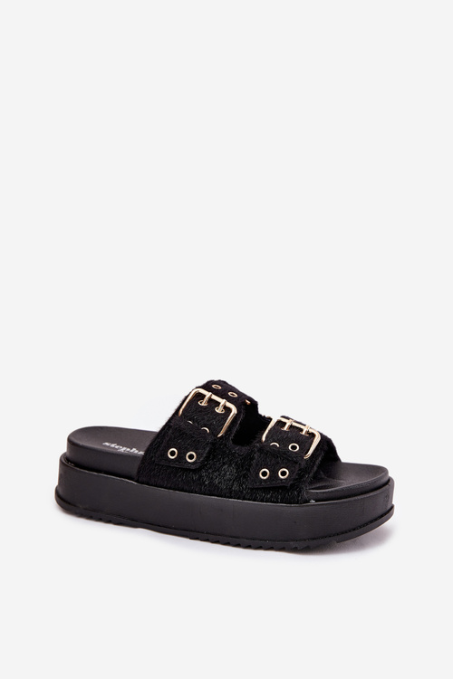 Klapki Damskie Ze Złotymi Klamrami Na Platformie Czarne Virvania