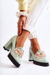 Eleganckie Czółenka Z Ozdobą Gładkie Zielone Caterine - Czarna Podeszwa