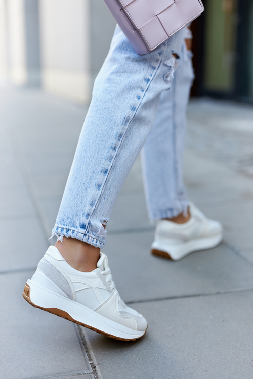 Skórzane Buty Sportowe Wiązane Biało-Szare Coryse