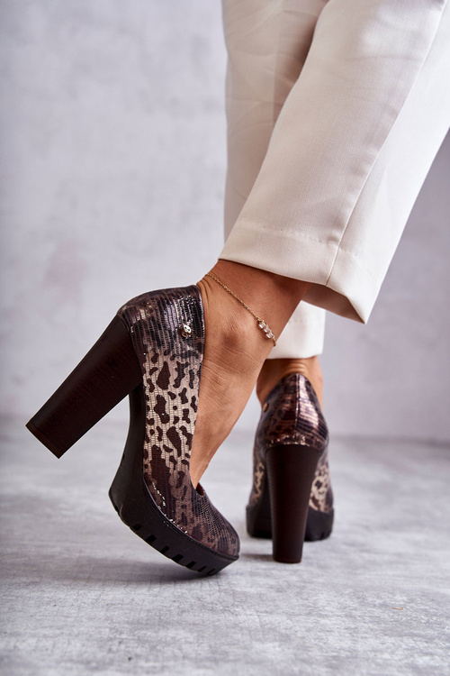 Skórzane Czółenka Na Słupku Maciejka 02629-02 Brązowe