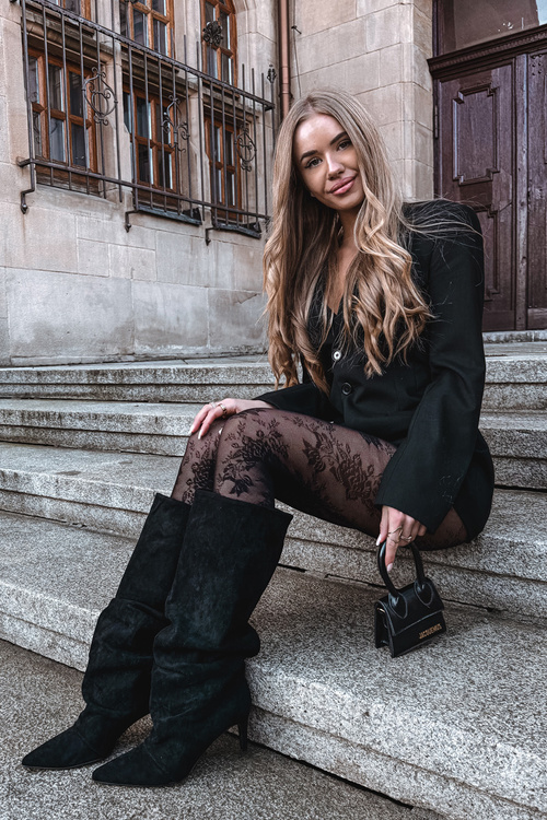 Marszczone Kozaki Na Szpilce Z Eko Zamszu Ocieplane Czarne Mavella