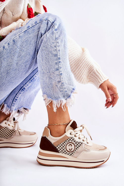 Modne Buty Sportowe Damskie Na Koturnie Beżowo-Brązowe Aronne