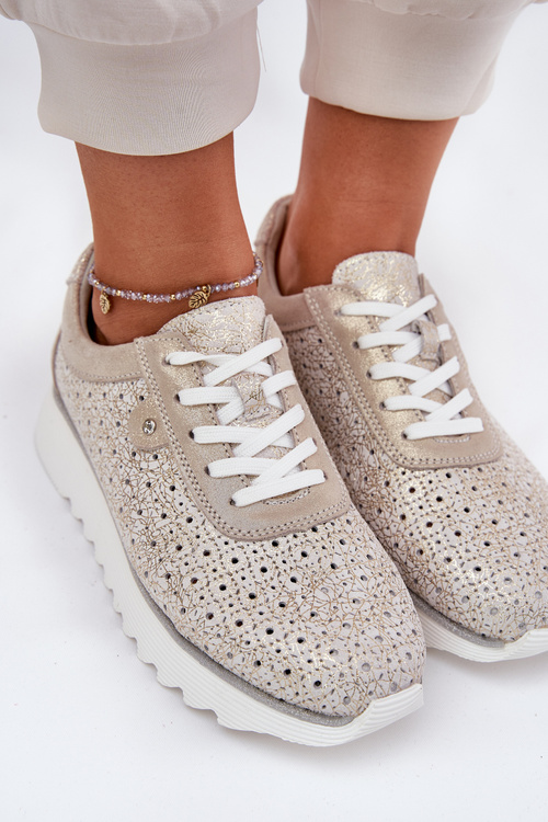Zamszowe Ażurowe Sneakersy Na Platformie LR51-927 Złote